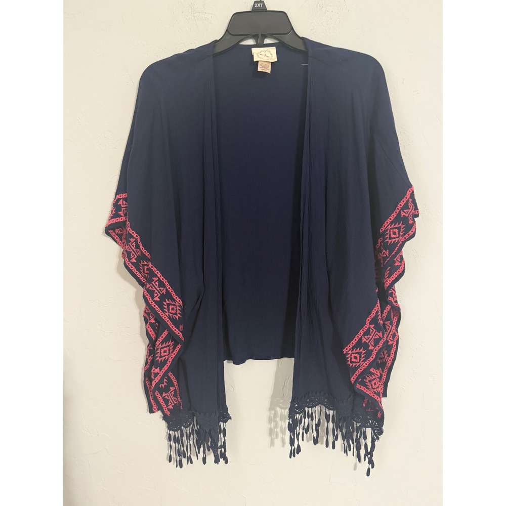 Belle Du Jour Navy Blue Pink Embroidered Tassel Fringe Kimono Wrap Small Boho